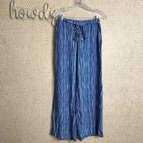Hands To Hearts Blue Stripe Front-Tie Wide Leg Flowy Light Weight Pants Size L - Picture 1 of 9